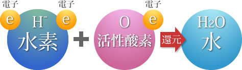 宇宙で一番小さいと言われる原子は、H＝水素です。この水素に電子を１個余分に付加したものが「水素イオン」です。この「水素イオン」は従来の抗酸化物質は、守ろうとしたり、攻撃したりというように活性酸素と敵対するものでした。しかし、この「水素イオン」はDADH（還元型電子伝達体）というものを生成し、活性酸素と結びつき、きれいな水に変えてしまうという画期的な物質です。